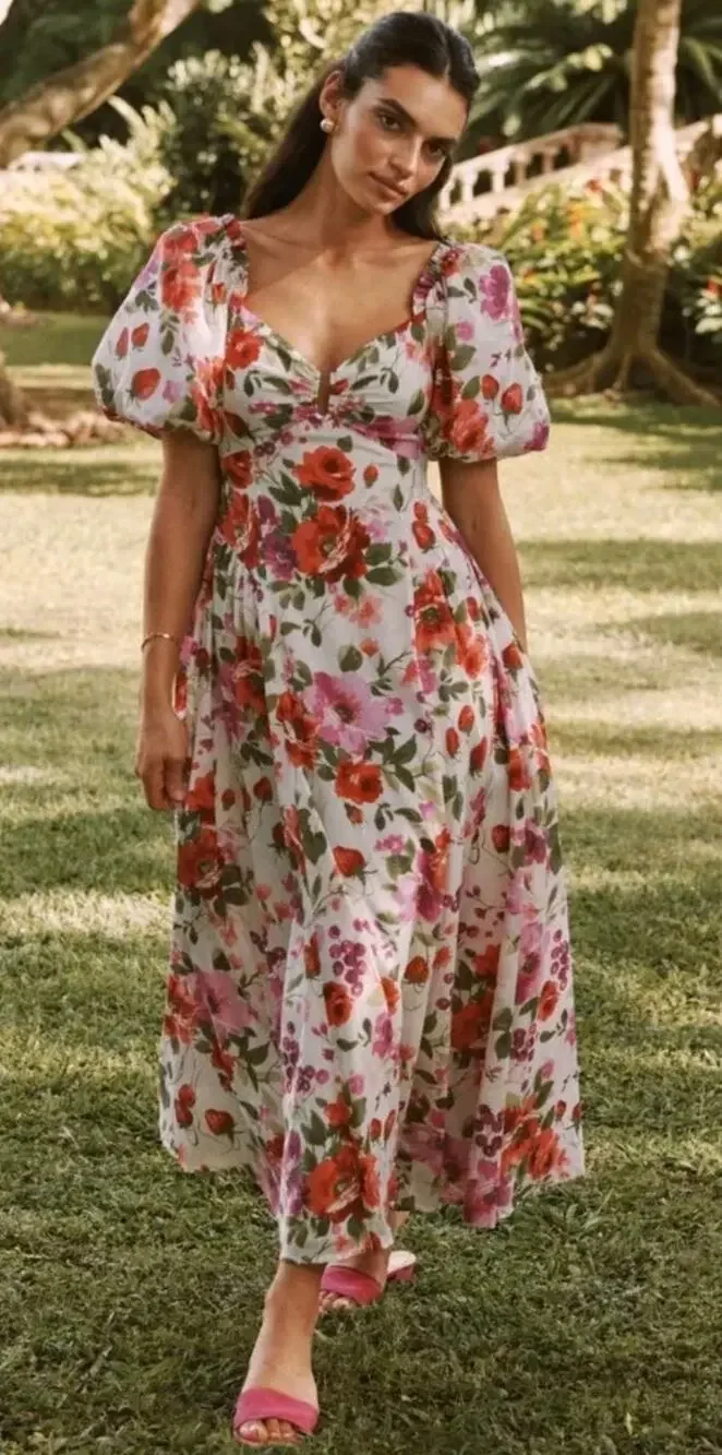 Abercrombie Maxi Dress Strawberry Floral Print Puff Sleeve Sweetheart Neck XS